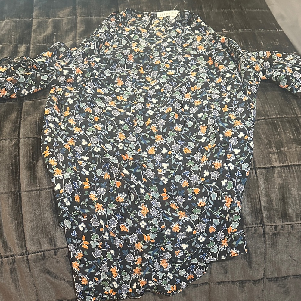 Veronica Beard Navy Floral Button-Front Blouse with Orange and Green Accents